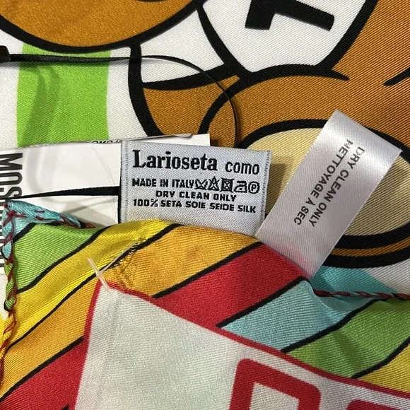 Moschino Rainbow Toy Bear Scarf Silk made in Italy 20in x 20in NWT - Picture 8 of 8